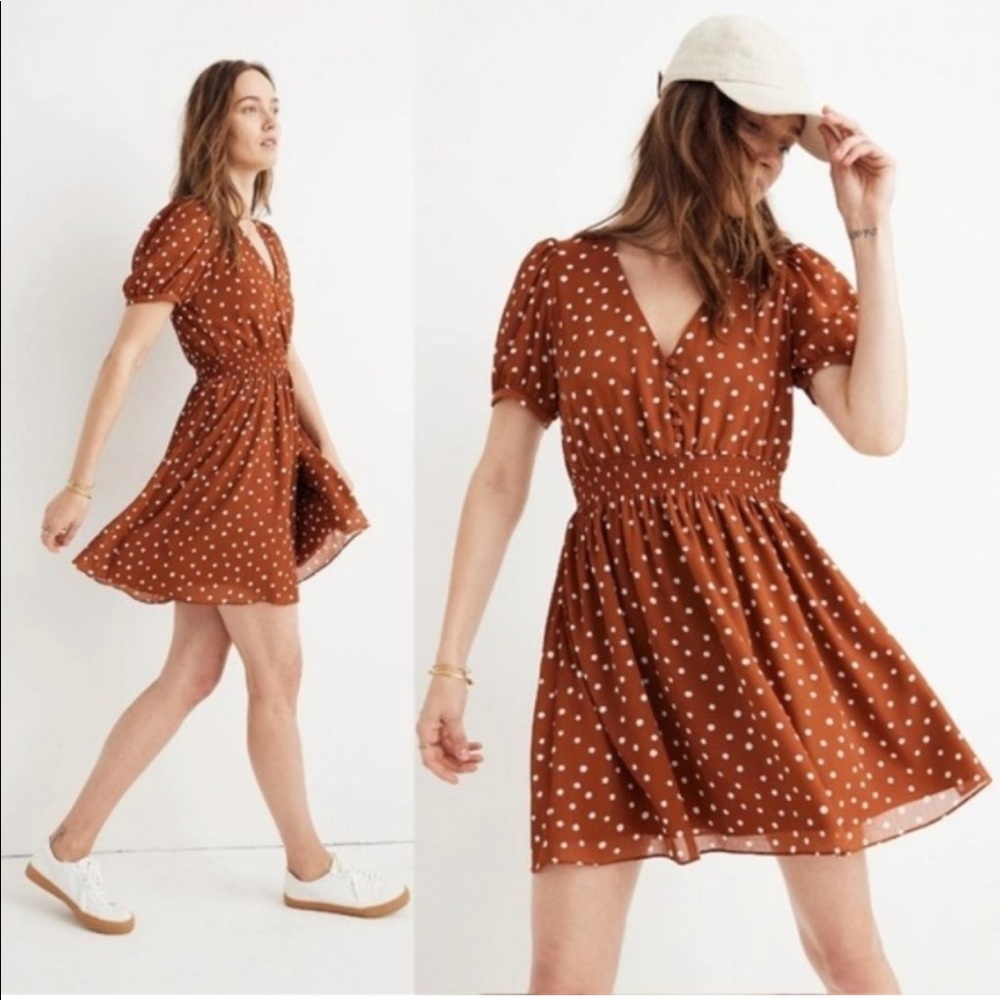 NWT Madewell Smocked Waist Mini Dress Inkspot Dots Brown Polka Dot Pinup Small